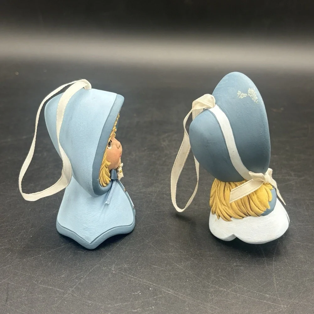 2 Vtg Ceramic Christmas Ornaments Handmade Bisque LITTLE GIRL YOUNG LADY